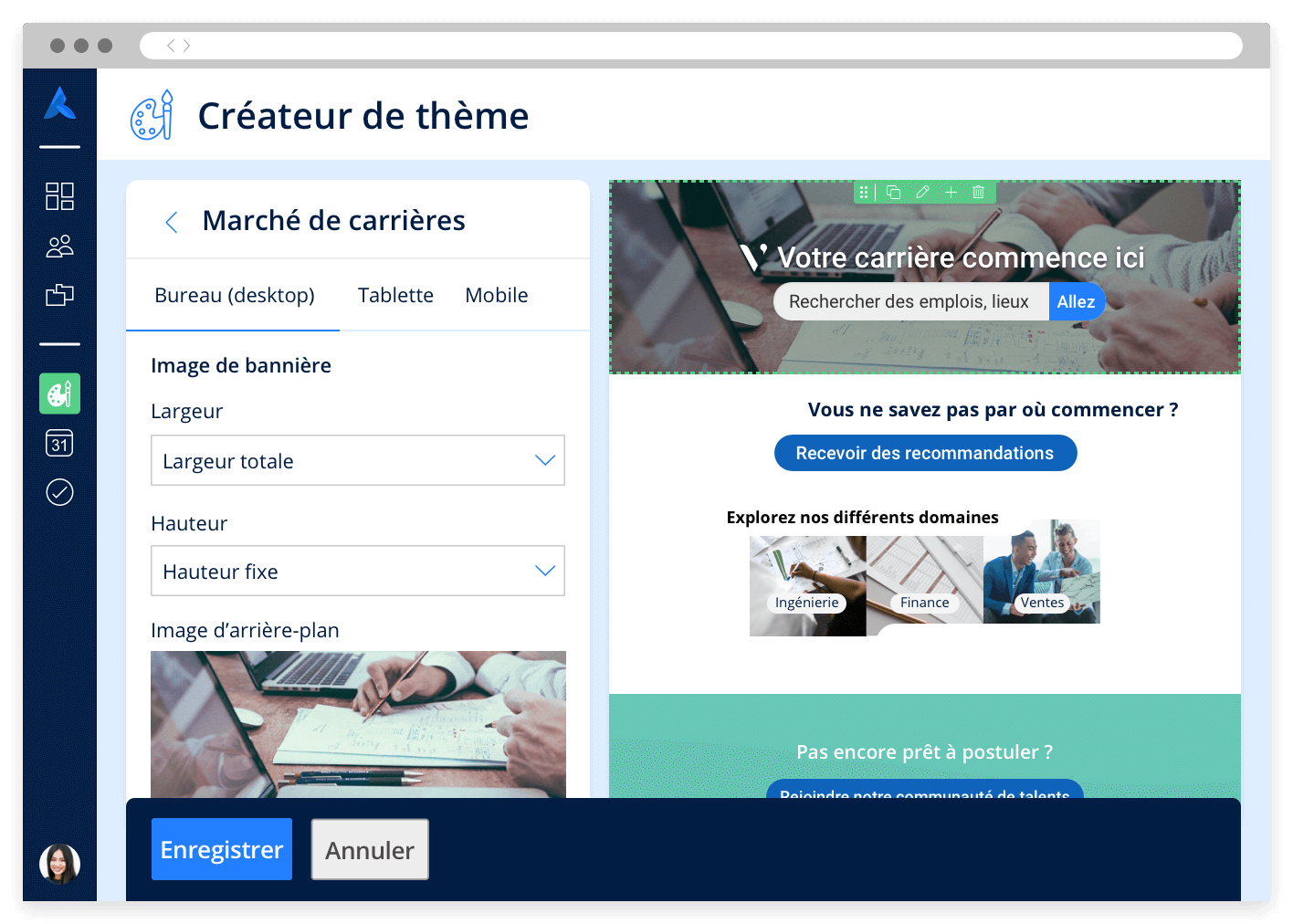 Éditeur de contenu de portail Avature pour modifier les versions bureau, tablette et mobile d'un site carrière.