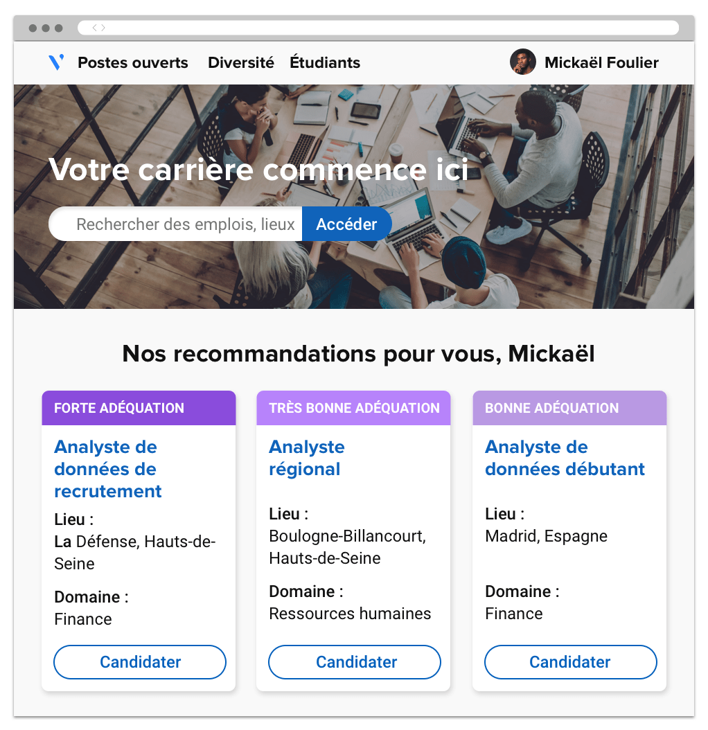 Site carrière affichant des recommandations d'emploi, classées en fonction de leur adéquation avec le profil du candidat.