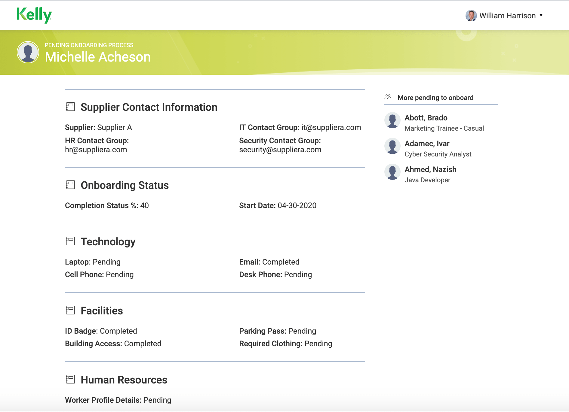 An onboarding portal detailing the completion status and pending tasks of a contingent worker staffed by Kelly OCG.