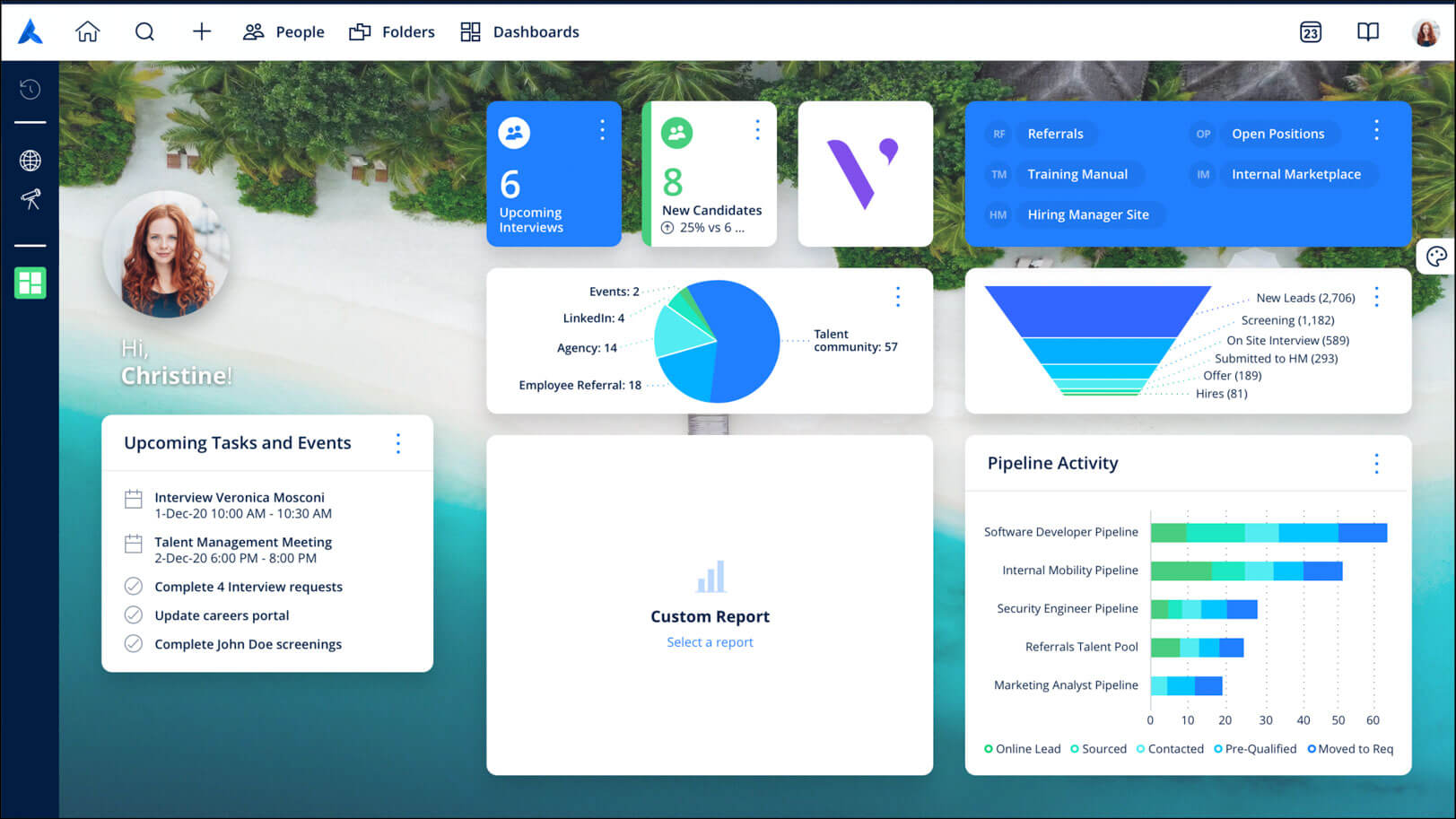 The Avature platform, with the home screen of a user with pending tasks and dashboards showing talent acquisition metrics.