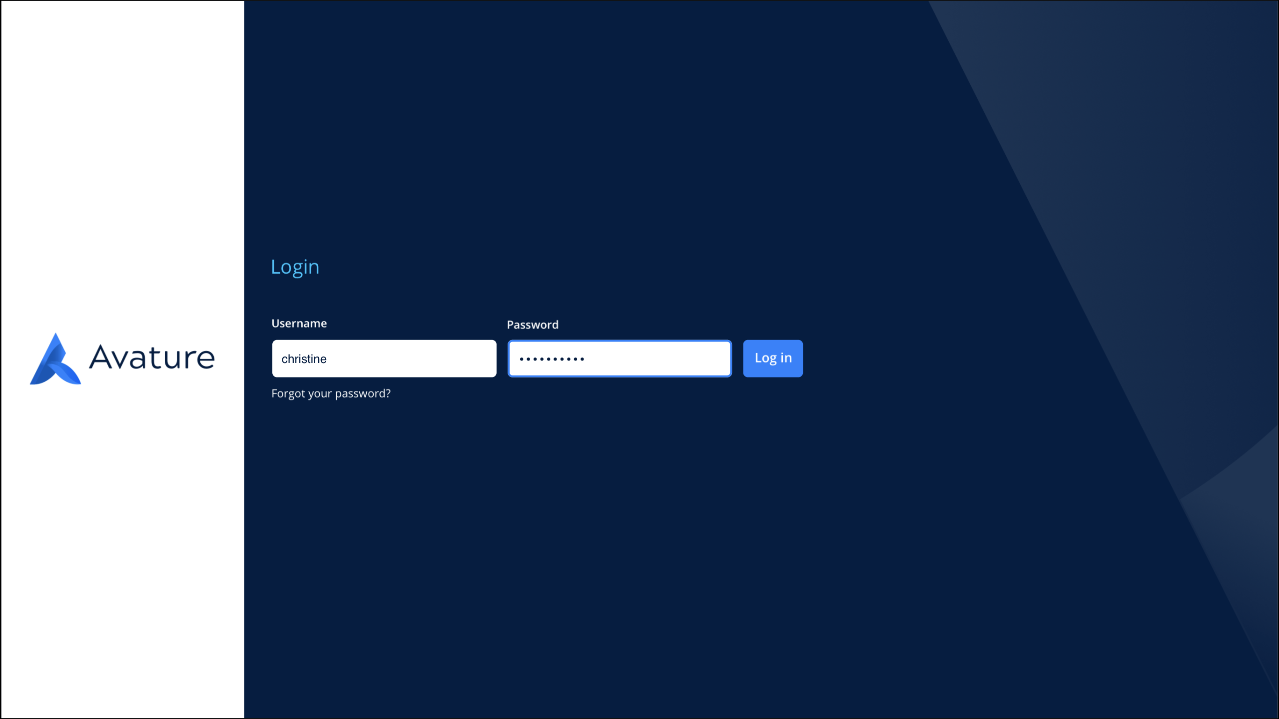 The Avature login screen with username and password fields, and a log in button.