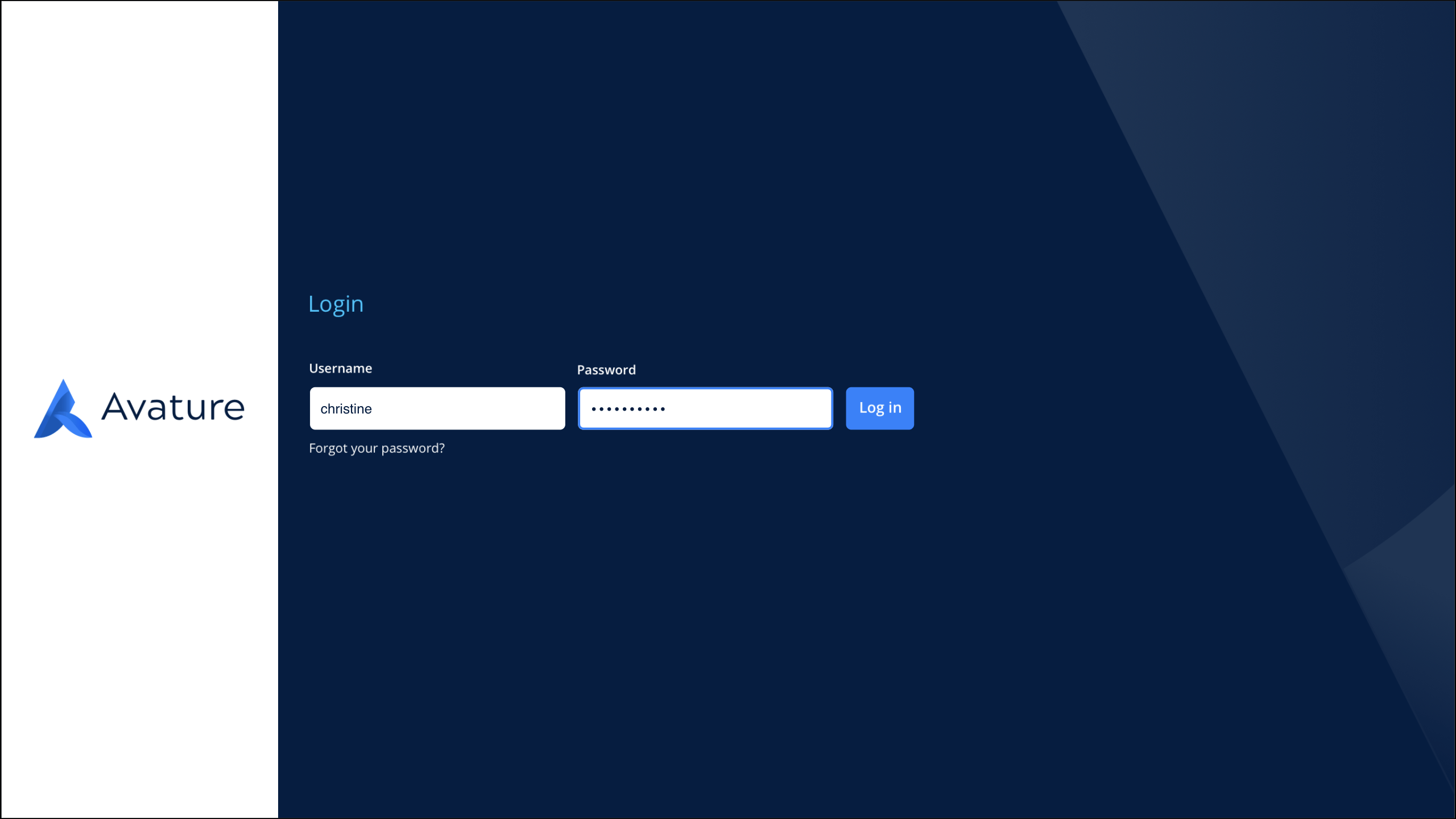 Der Anmeldebildschirm von Avature mit Feldern für Benutzername und Passwort und einer Anmeldeschaltfläche.