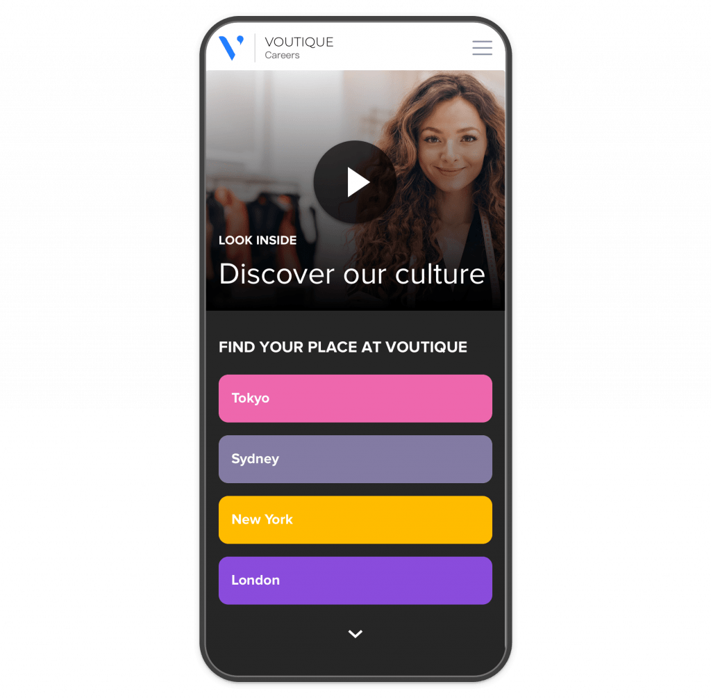 A mobile career microsite, showing a company culture video and the different cities where the company is located.