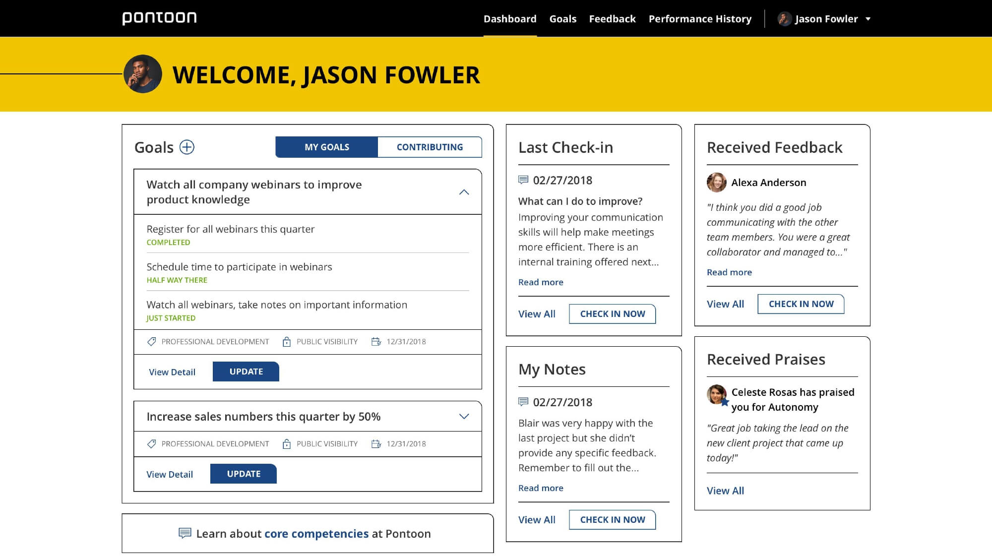 A performance management portal branded with Pontoon's colors showing an employee's development plan, goals, and feedback.
