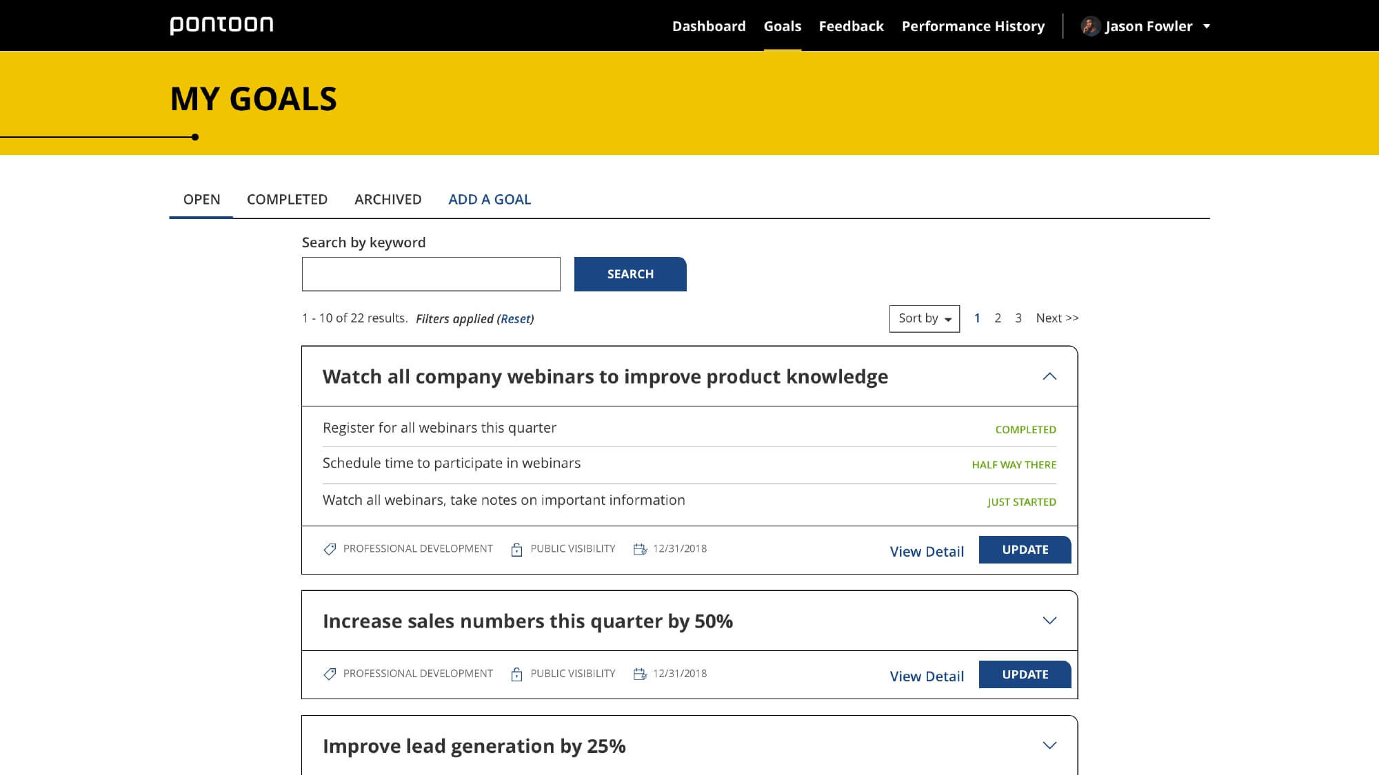 Pontoon's performance management portal listing an employee's quarterly goals with detailed milestones for each goal.