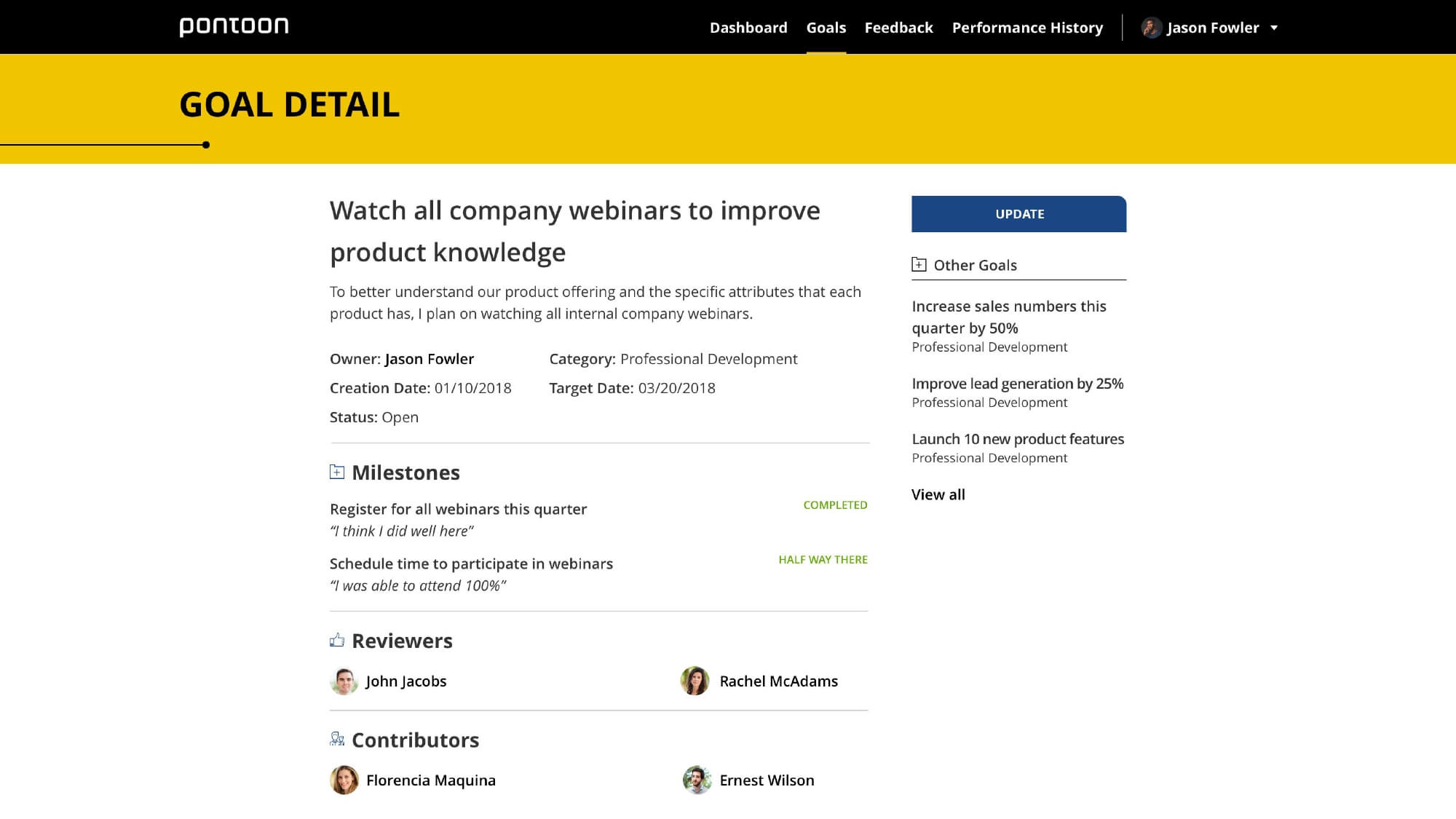 The details of an employee's quarterly goal, including a description, target date, status, milestones and reviewers.