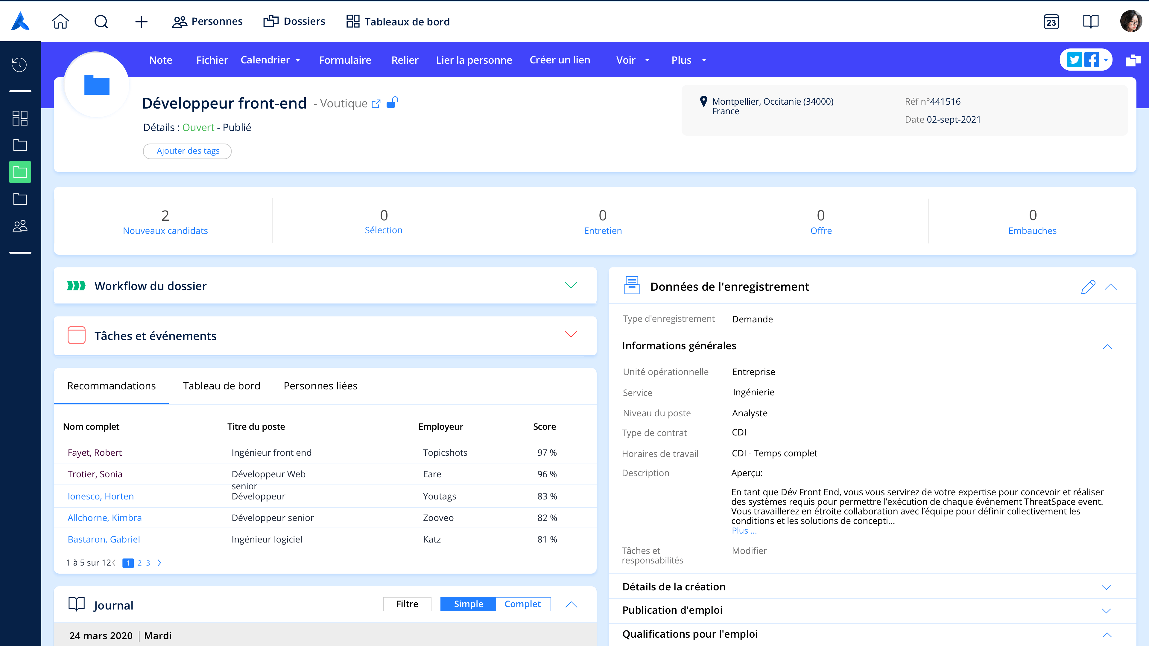 Plate-forme Avature avec une liste générée via l’intelligence automatique des meilleurs candidats pour pourvoir un rôle de développeur.