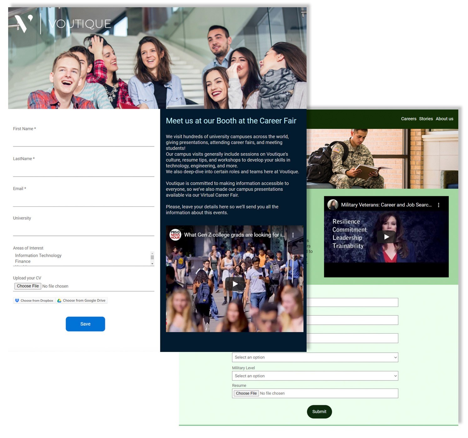 Two customized application pages, one built for campus recruiting and the other one for a veteran recruiting program.