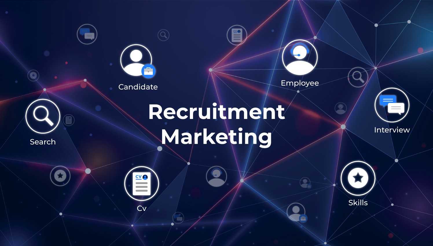 A group of icons depicting key aspects in recruitment marketing such as candidates, search, resumes, skills and interviews.