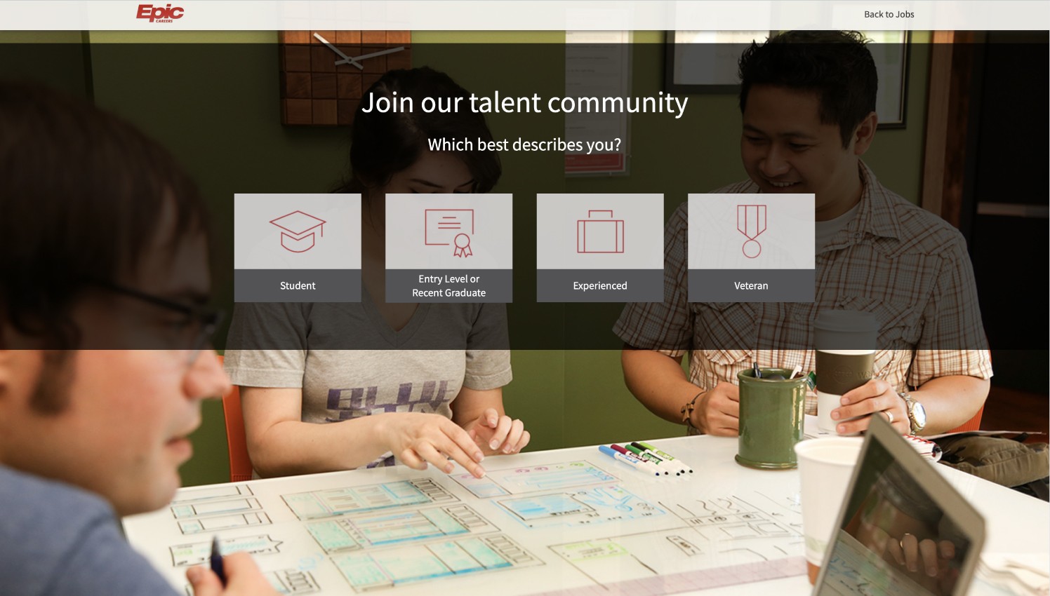 A portal from Epic Systems where users can join different talent comunities, with options for students, veterans and more.