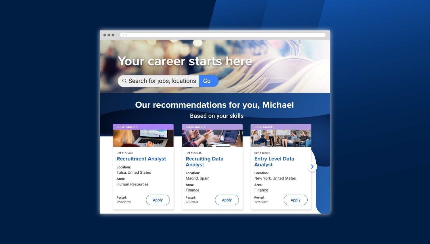 A career site displaying job recommendations, ranked by how strongly they match a candidate's profile.