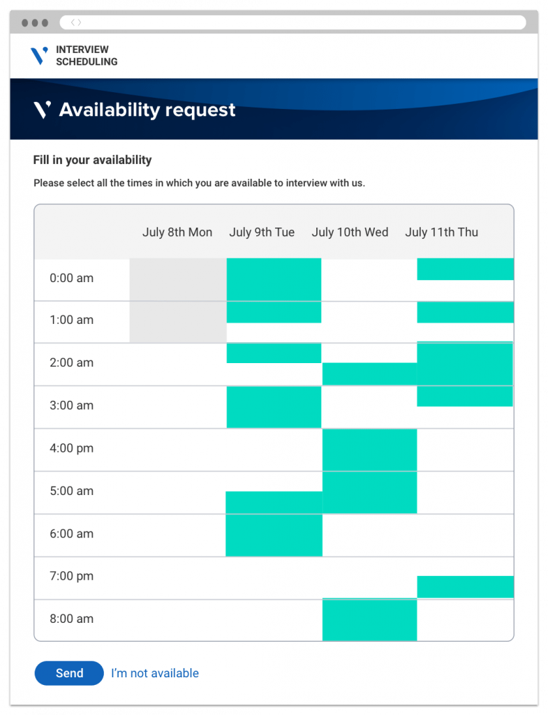An interview scheduling portal, showing the available time slots a candidate can choose from.