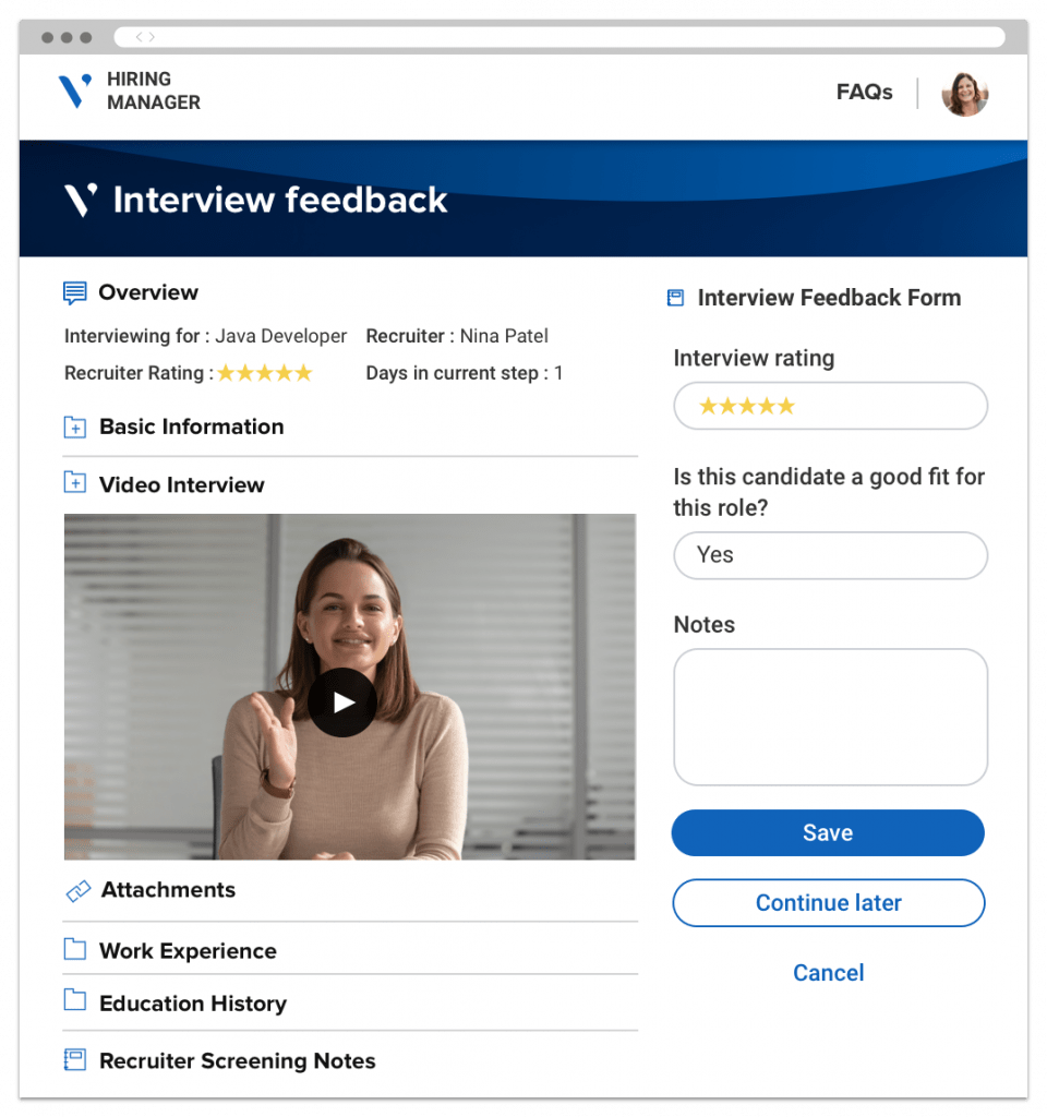 A recorded interview microsite, with candidate information sections, a recorded interview, and an interview feedback form.