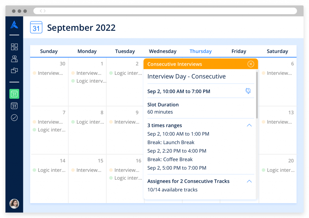 A calendar showing an all-day event of consecutive interviews, with multiple time slots and assignees.