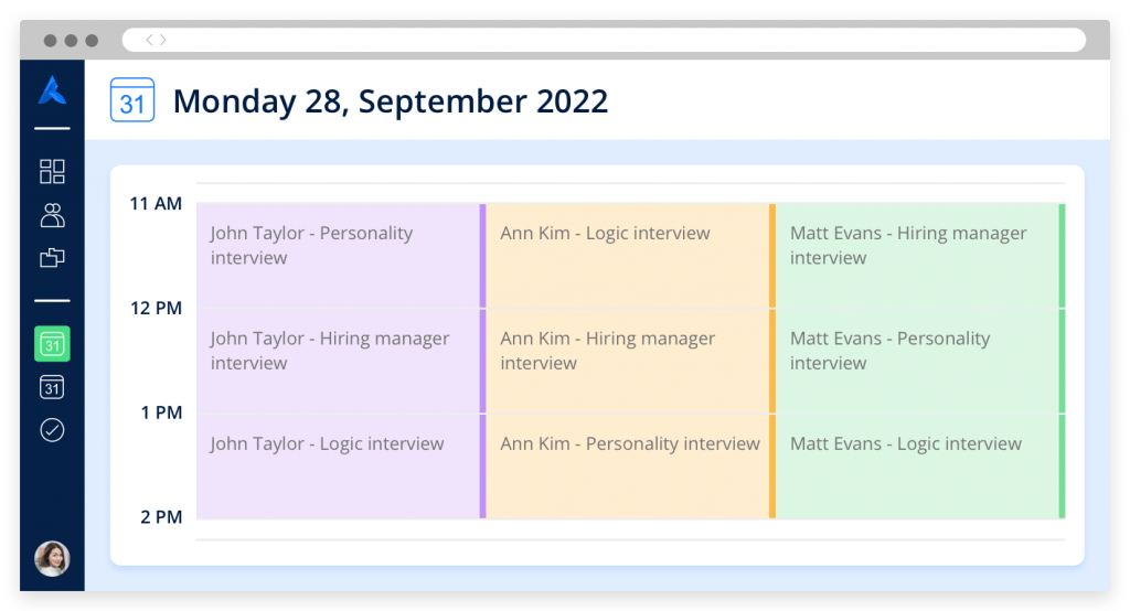 The Avature calendar, showing different time slots for multiple interviews on the same day with three candidates.