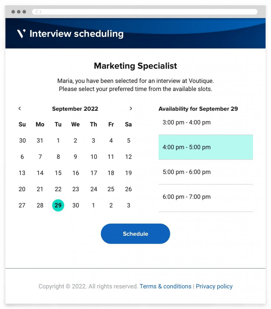 An interview scheduling portal showing a calendar and available timeslots for a candidate to provide their availability.