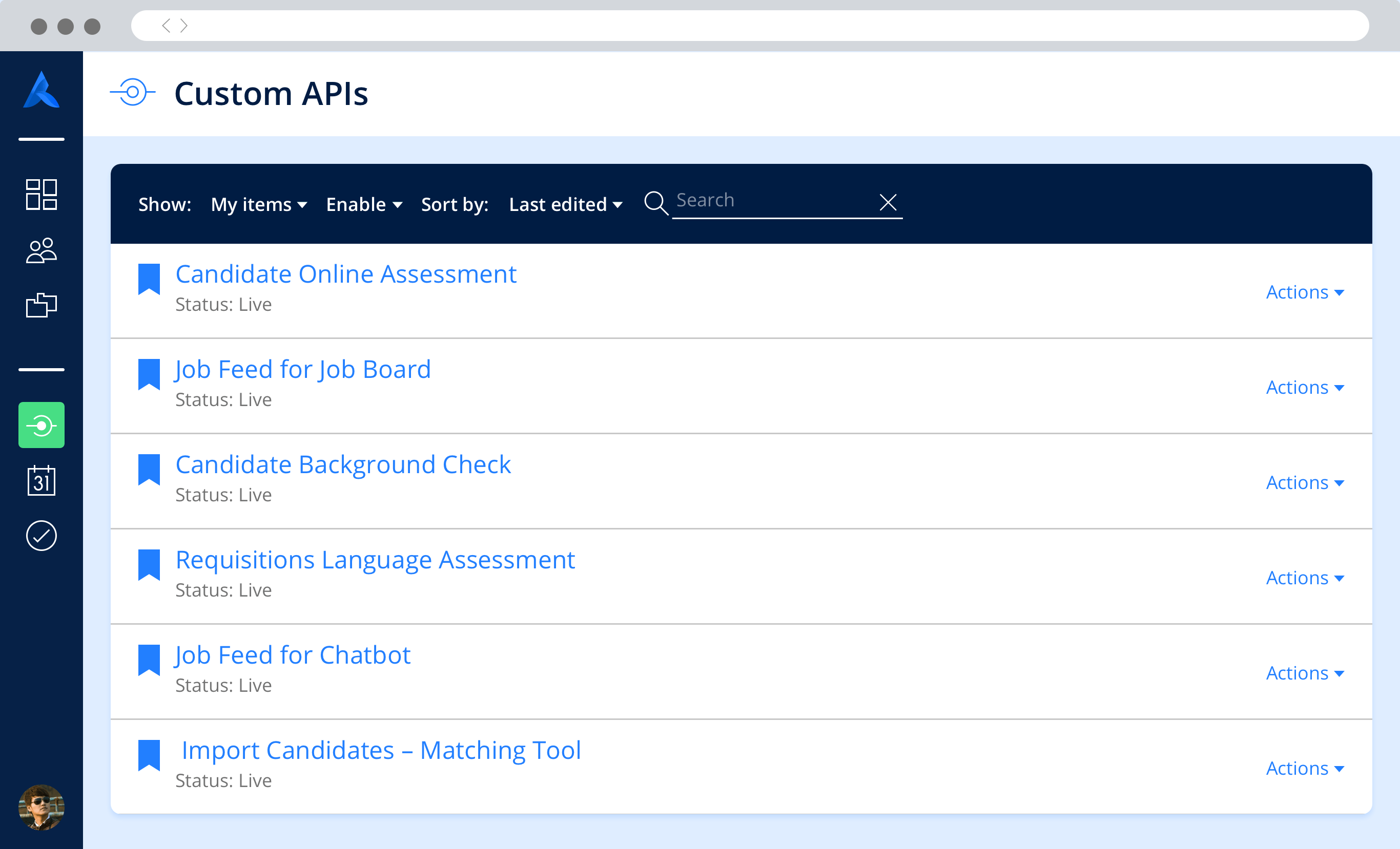 The Avature platform, with a list of custom APIs specific to that company's instance.