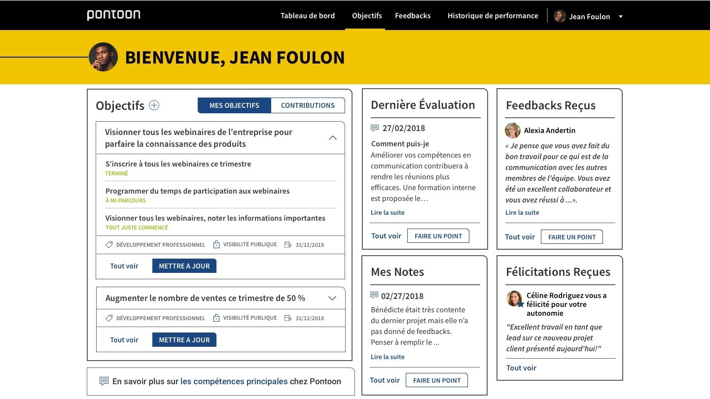 Portail de gestion de la performance aux couleurs de Pontoon avec le plan de développement, les objectifs et le feedback d'un employé.