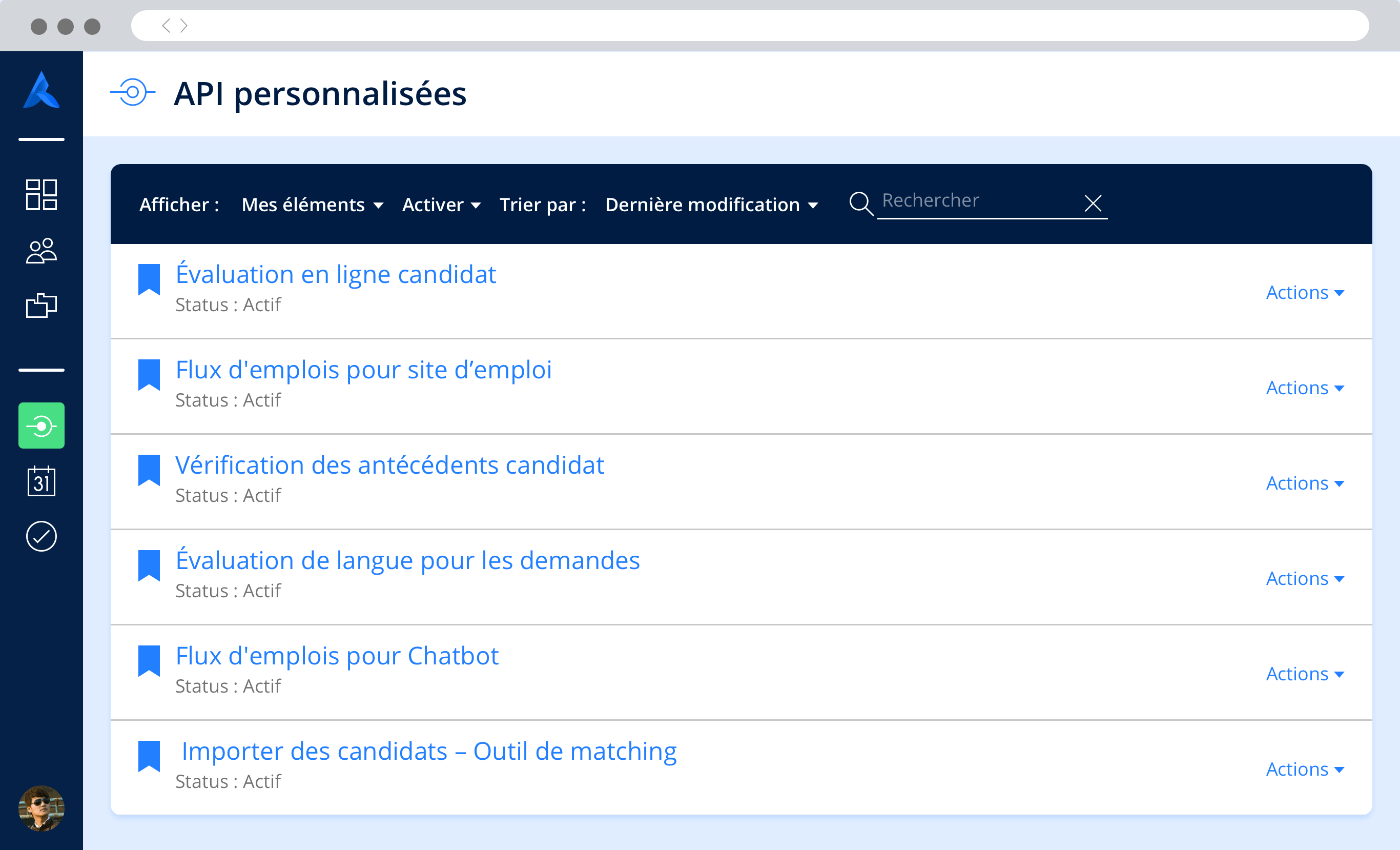 Plate-forme Avature avec liste d'API personnalisées spécifiques à l'instance de l'entreprise.