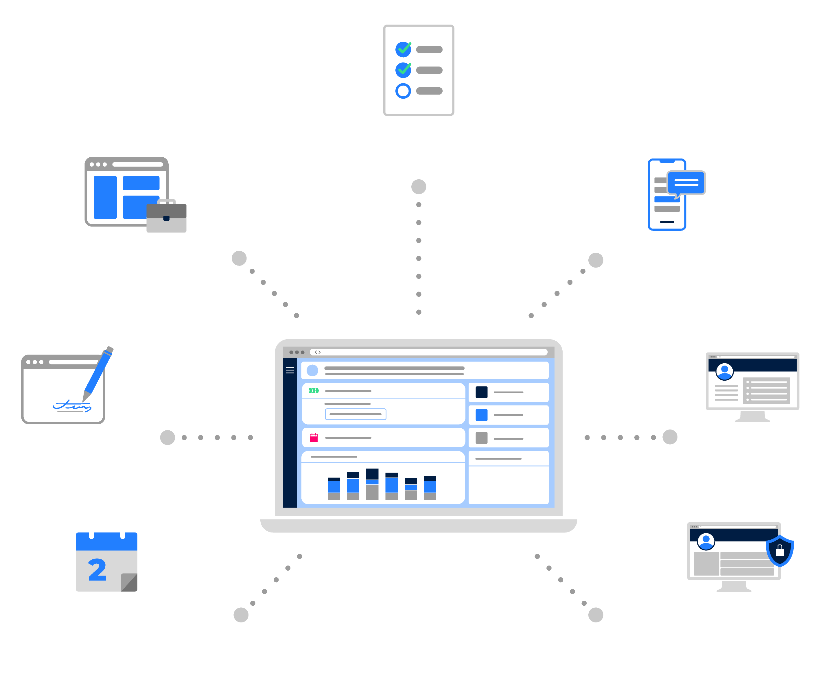 Série d'icônes avec types d'applications s’intégrant avec Avature, comme les sites d'emploi, calendriers, évaluations etc.