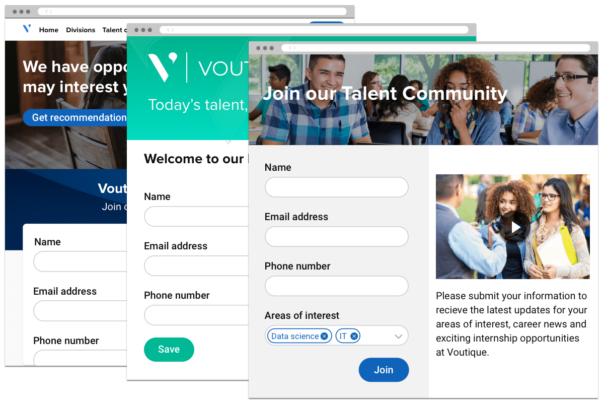 Three landing pages to join different talent communities, with forms requesting personal information and a join button.