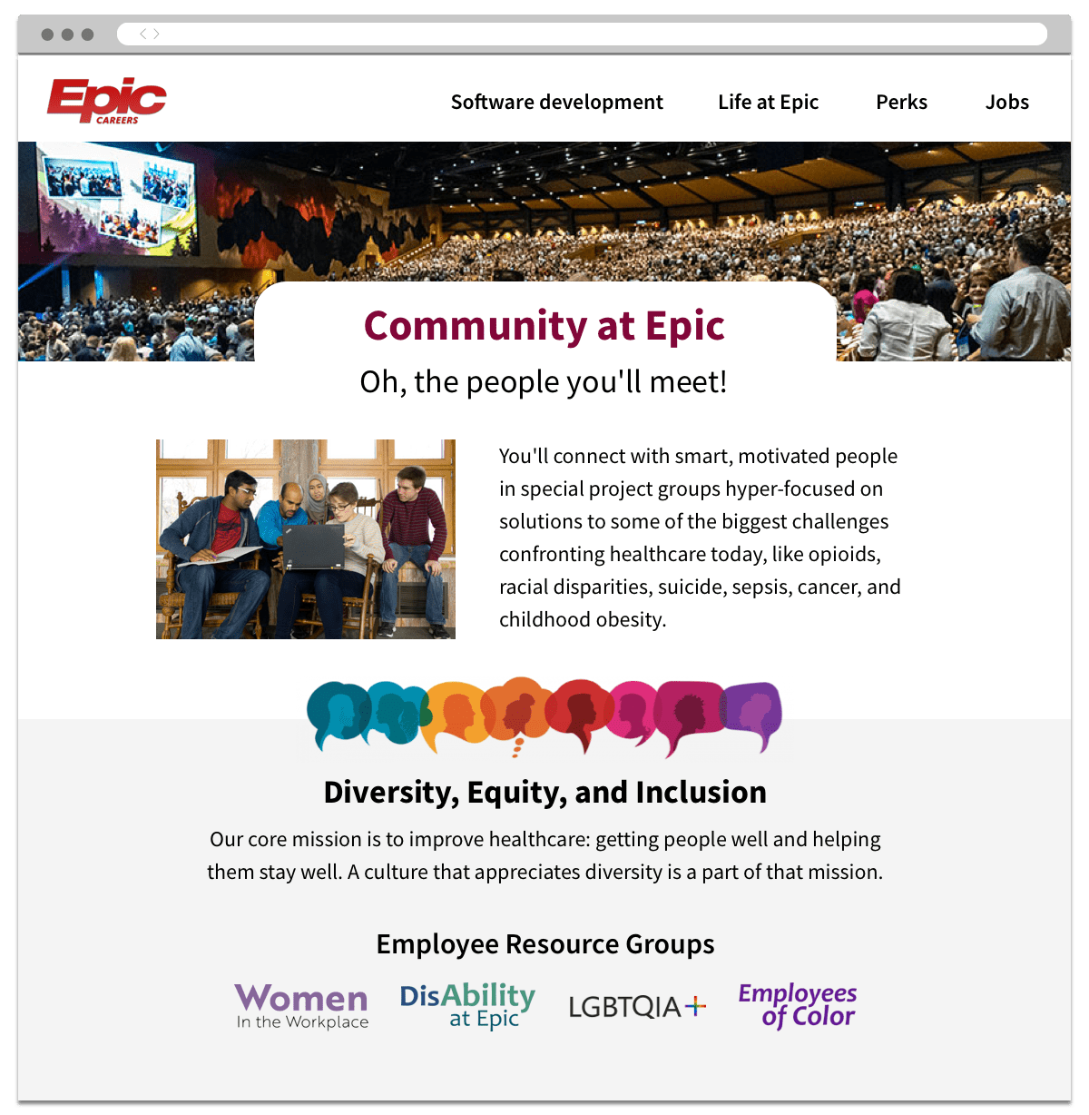A diversity portal from Epic Systems, showcasing their approach to diversity and their existing resource groups.