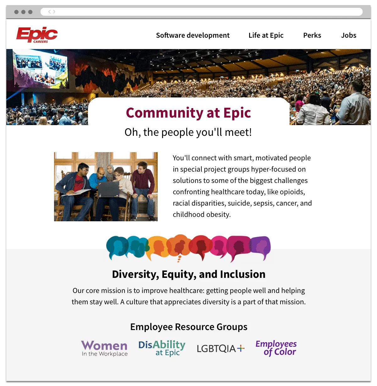 A diversity portal from Epic Systems, showcasing their approach to diversity and their existing resource groups.