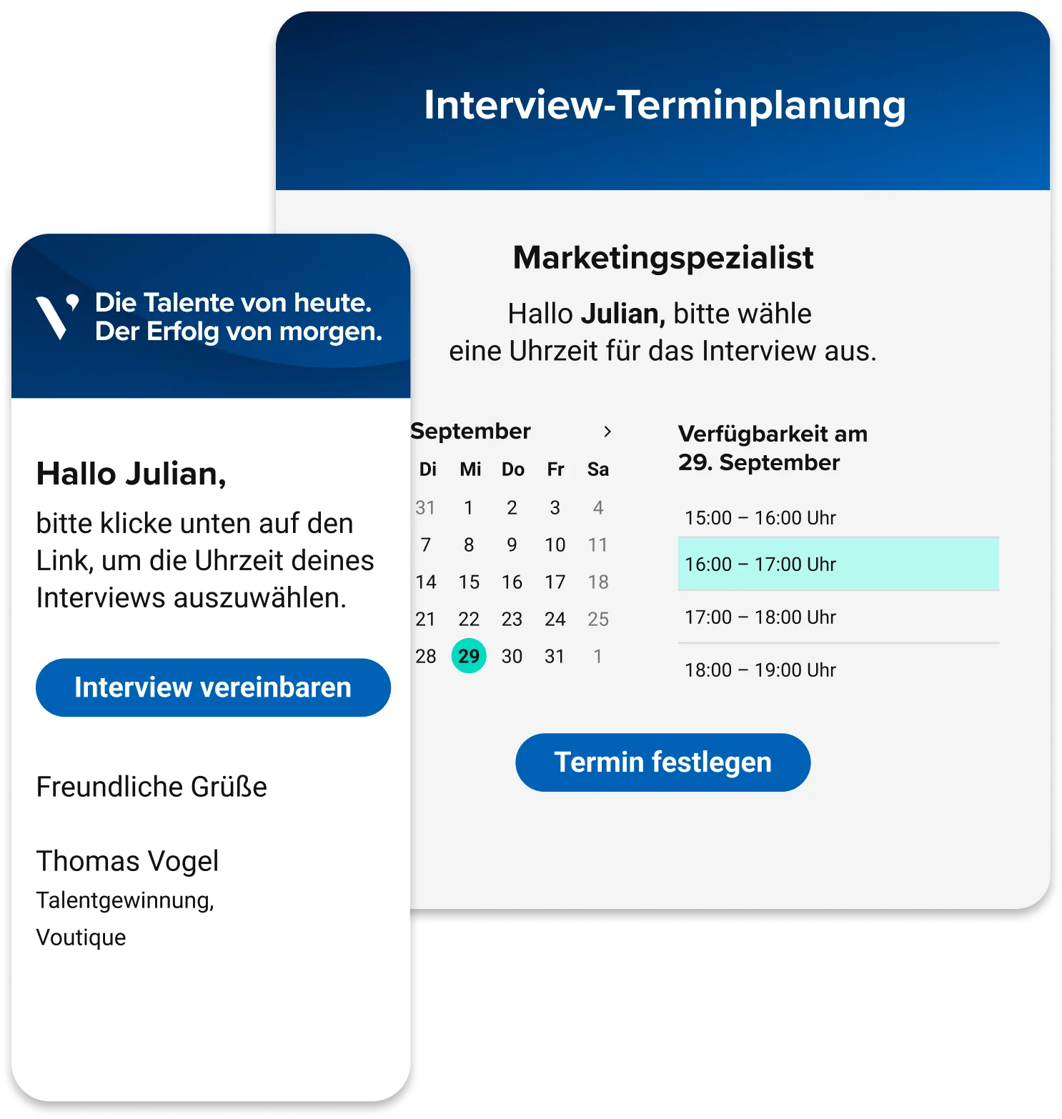 Kombinierte Abbildung, die ein Telefon mit einer E-Mail-Einladung zur Auswahl eines Interviewtermins und einen Kalender mit freien Terminen im Hintergrund zeigt.
