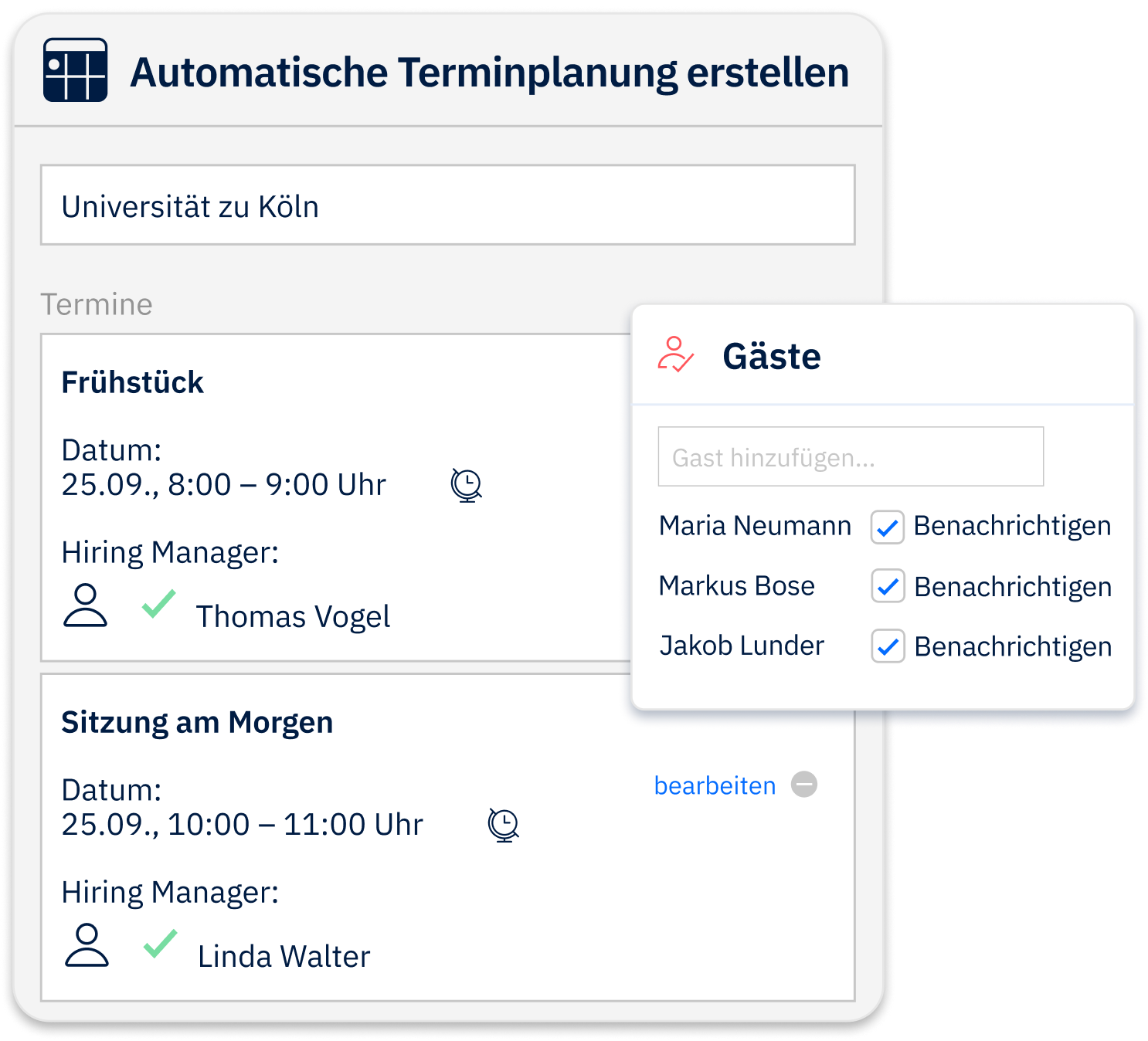 Abbildung, die zeigt, wie ein Gruppen-Hochschul-Interview mit mehreren Teilnehmern und Aktivitäten erstellt wird.