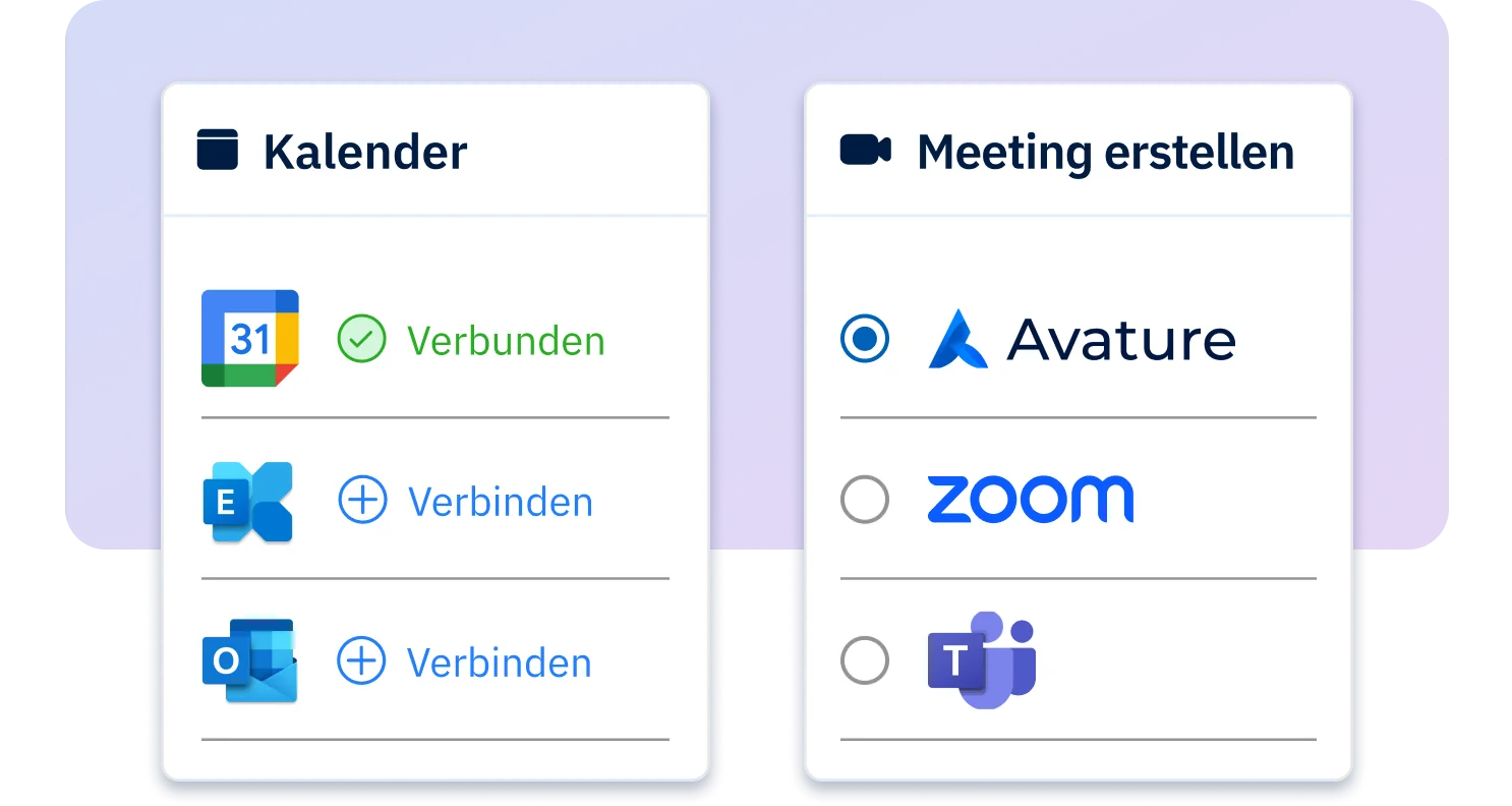 Zwei Abbildungen, die verfügbare Kalenderintegrationen und Integrationen von Videokonferenz-Plattformen zeigen.