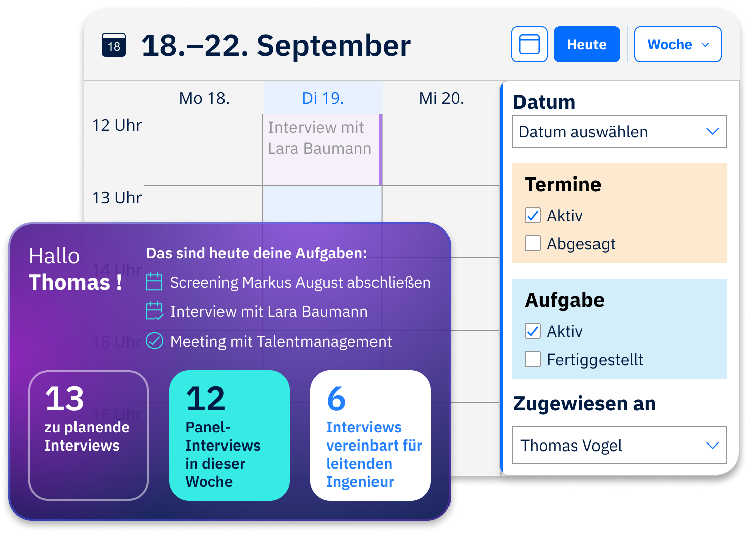 Zwei Abbildungen, die eine Reihe von Dashlets mit Informationen auf einen Blick und einen Kalender im Hintergrund zeigen.