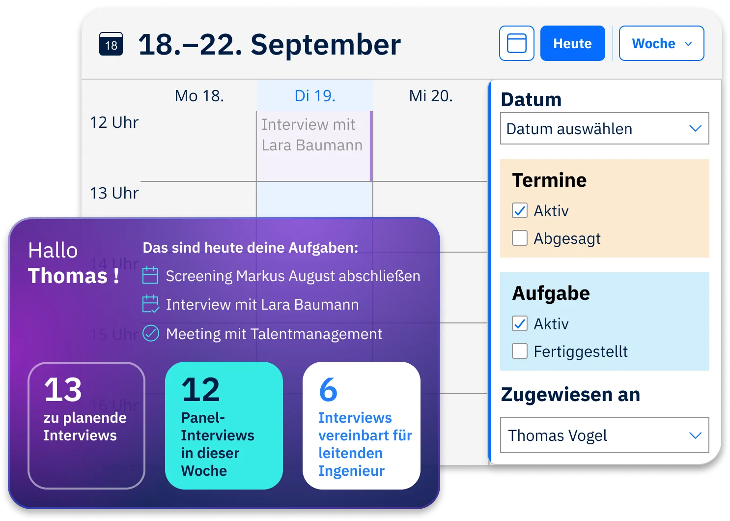 Zwei Abbildungen, die eine Reihe von Dashlets mit Informationen auf einen Blick und einen Kalender im Hintergrund zeigen.