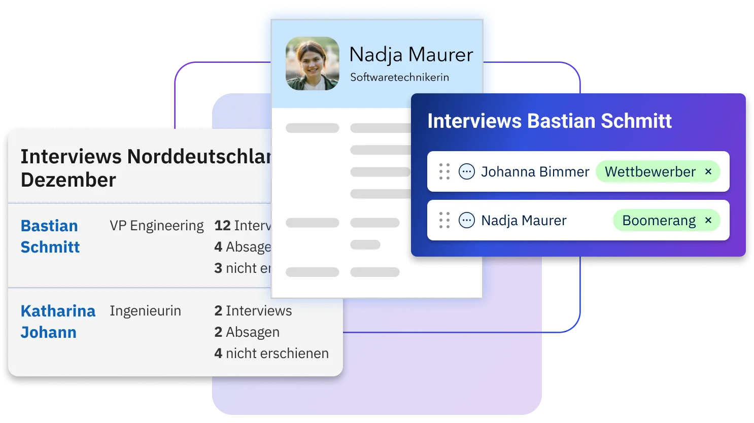 Drei verschiedene Abbildungen, die die vielfältigen Aufgaben von Recruiting-Teams veranschaulichen: Interviewberichte, Lebensläufe und anstehende Interviews.