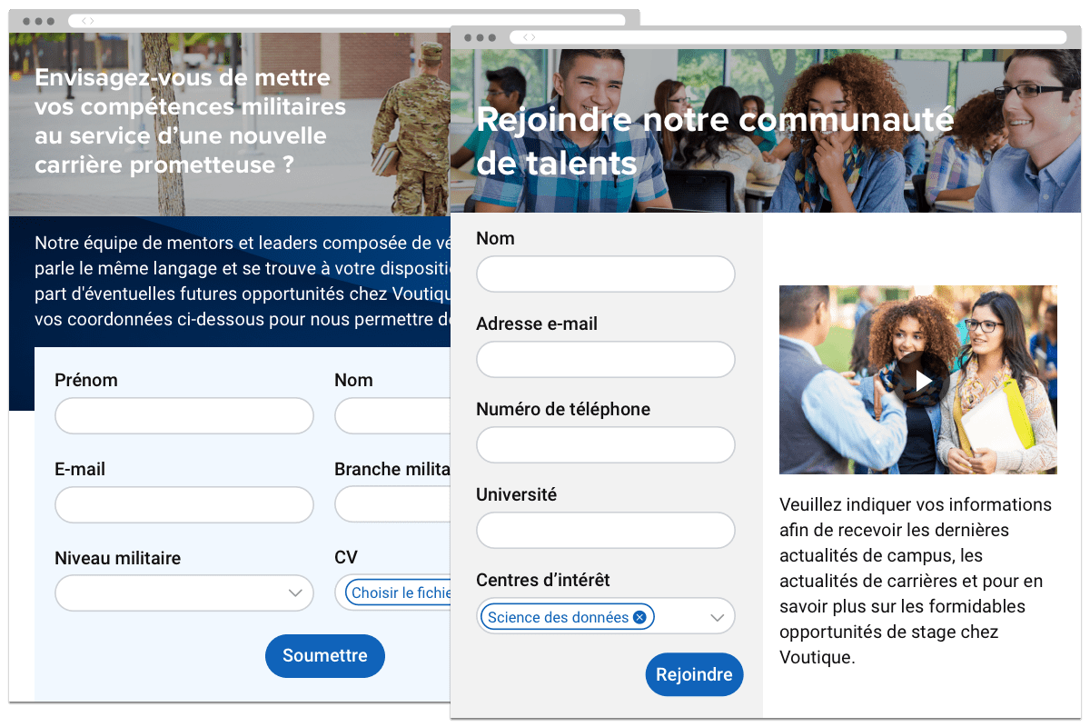 2 pages de candidature personnalisées : 1 pour le recrutement sur les campus et 1 pour un programme de recrutement de vétérans.