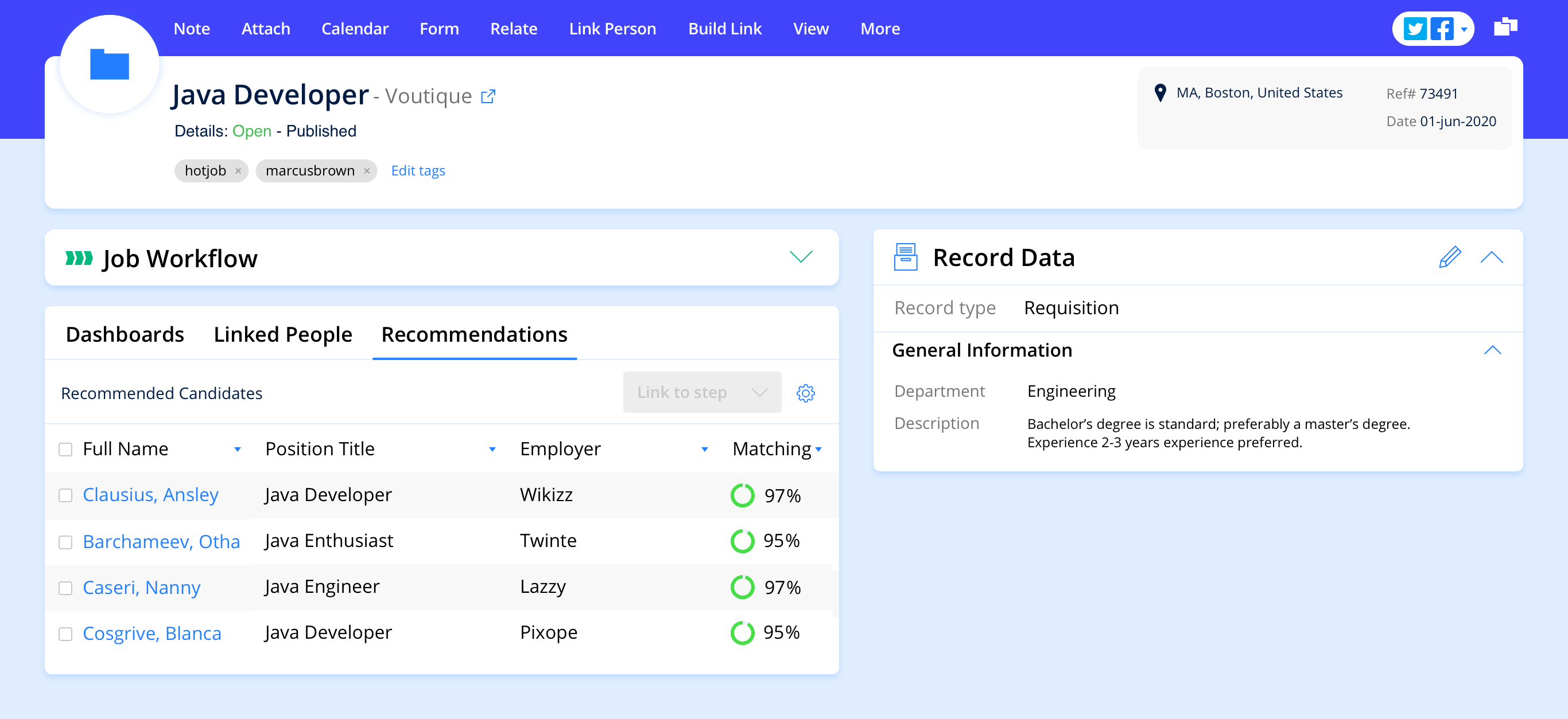 The Avature platform, with the basic information of an open requisition and a list of automatically recommended candidates.