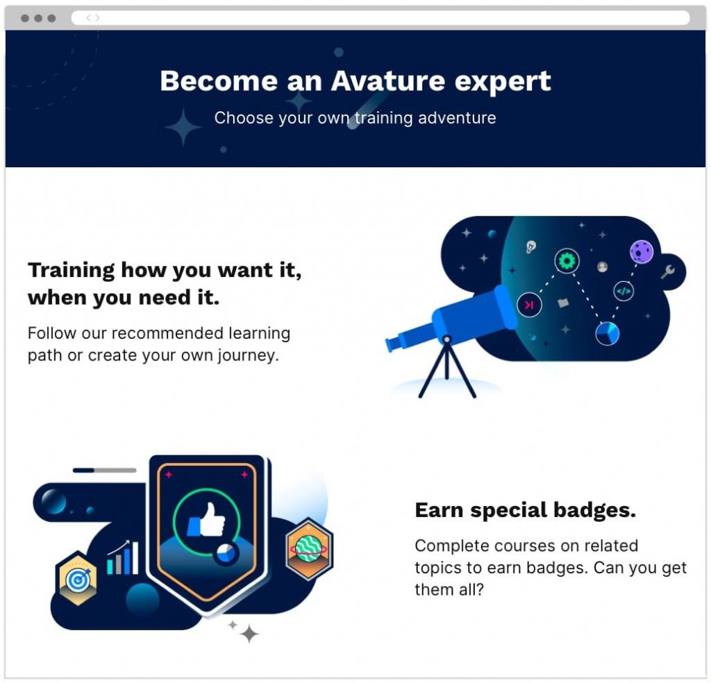 A microsite depicting the training campus where Avature users can learn how to use the platform through various learning paths.