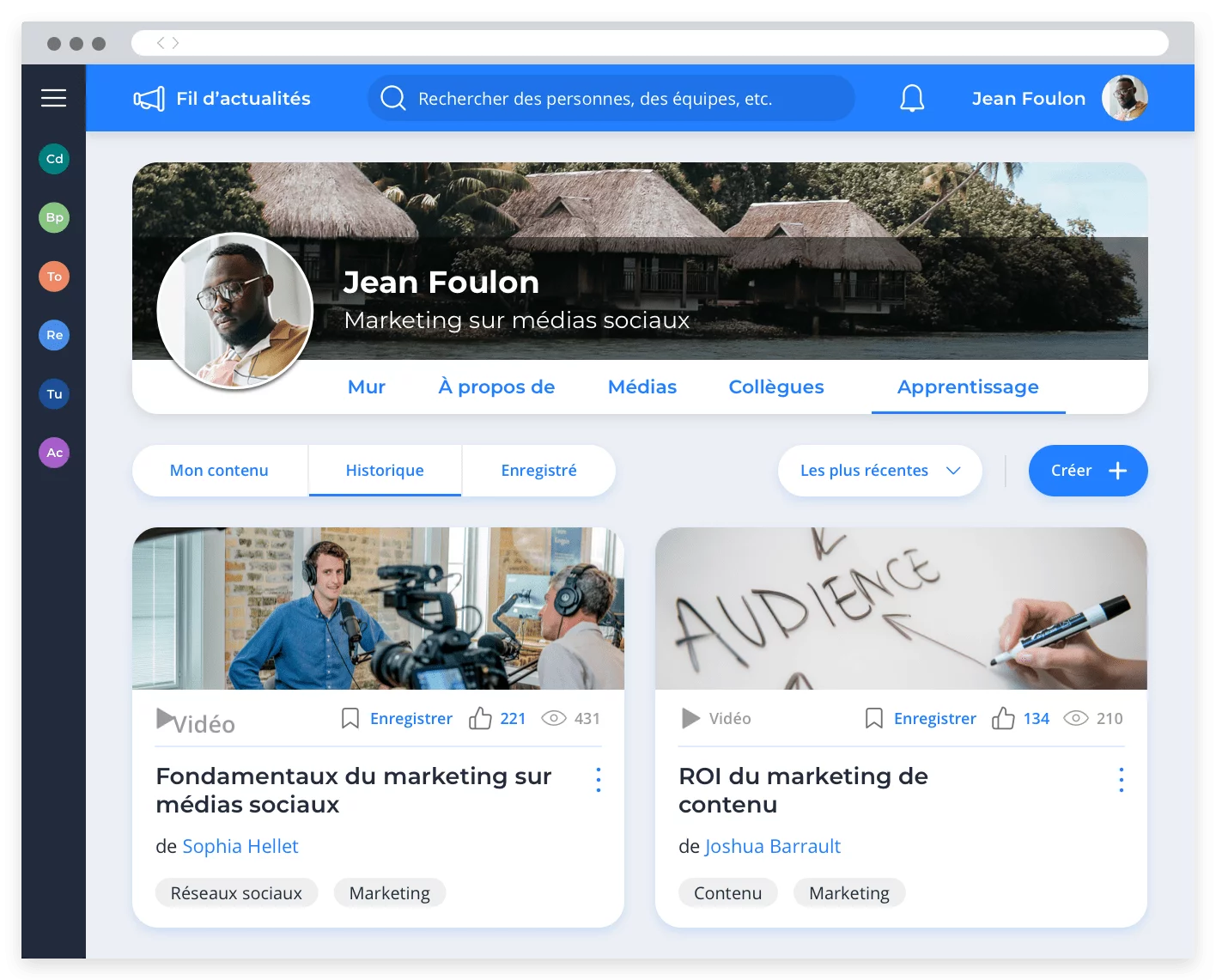 Profil employé Avature DNA avec historique d'apprentissage, dont modules de ROI de marketing de contenu et marketing via réseaux.