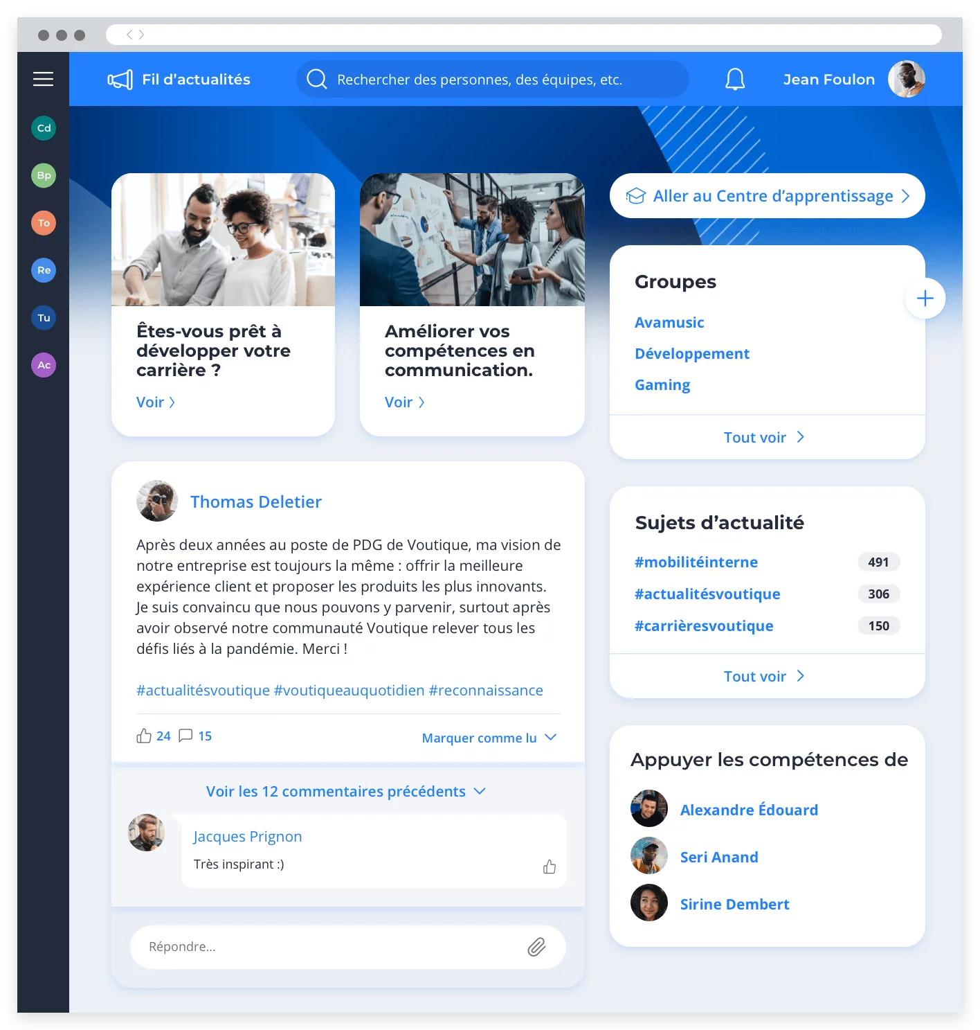 Page d'accueil Avature DNA avec liens vers des possibilités d'apprentissage et bouton d'accès au centre d'apprentissage d’entreprise.