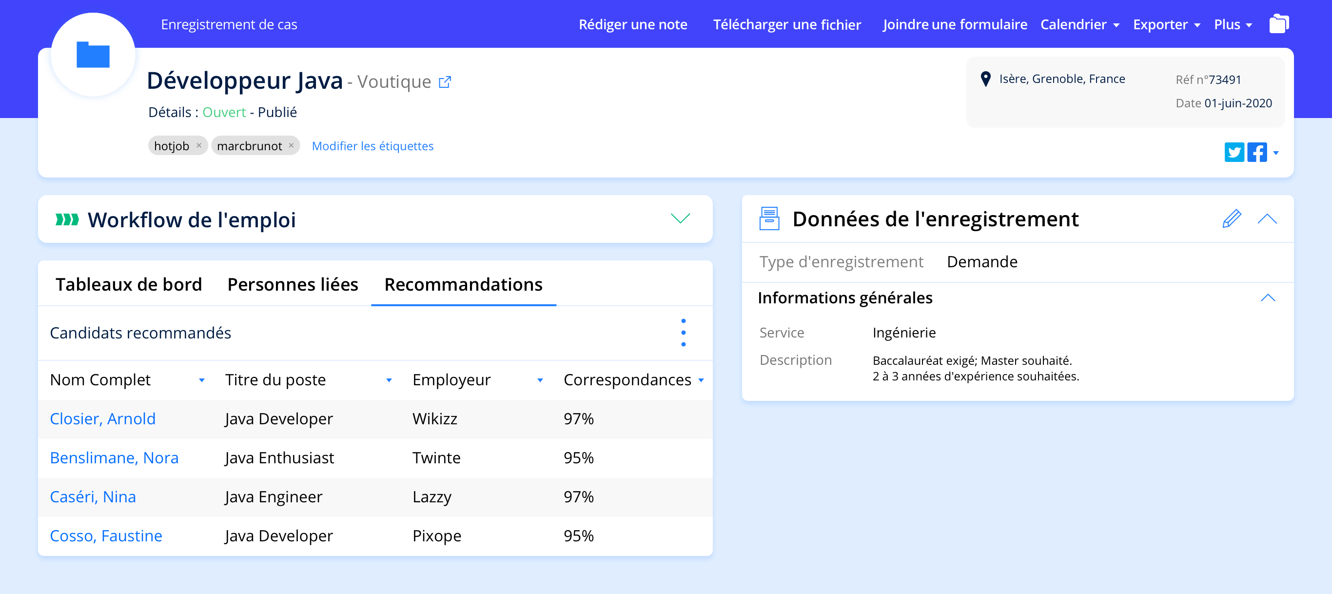 Plate-forme Avature avec les informations de base d'une demande de recrutement et liste de candidats recommandés automatiquement.