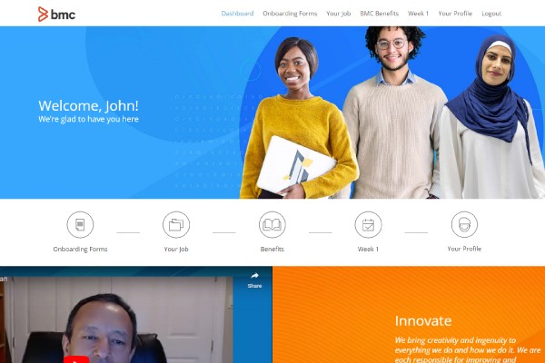 An onboarding portal by BMC where a new employee can access his job description, forms to fill, his first week schedule and more.