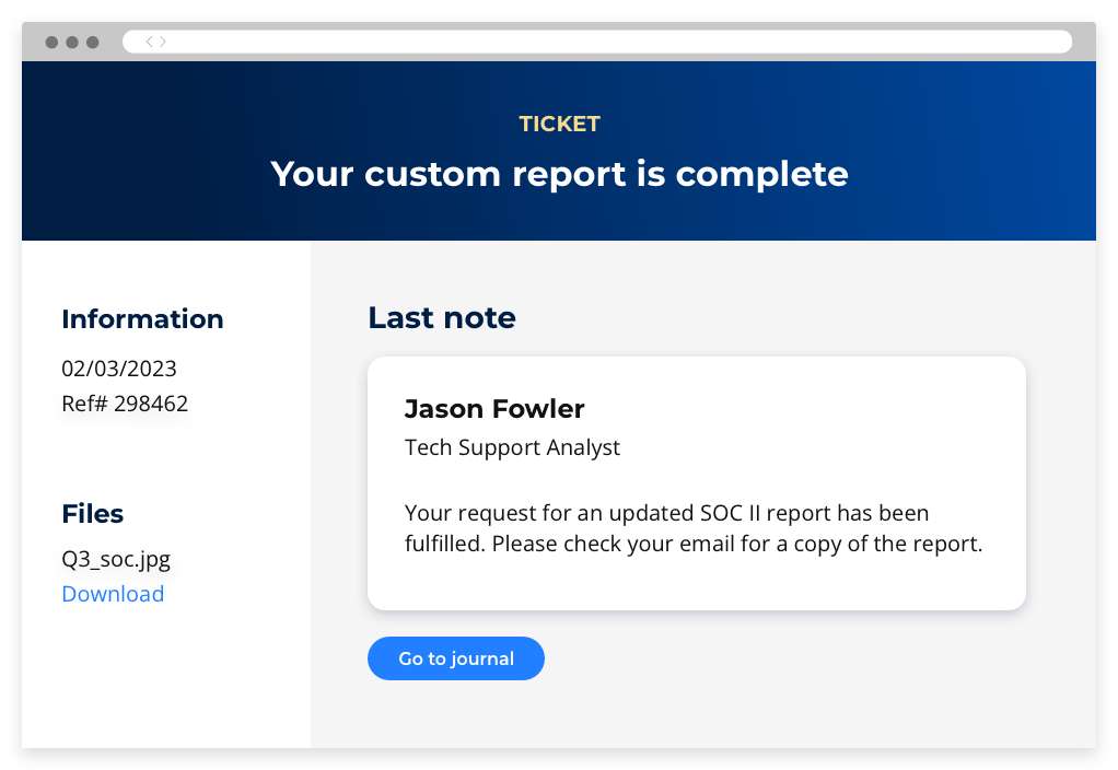 A note from a support ticket notifying that the report requested by the user has been sent to their email.