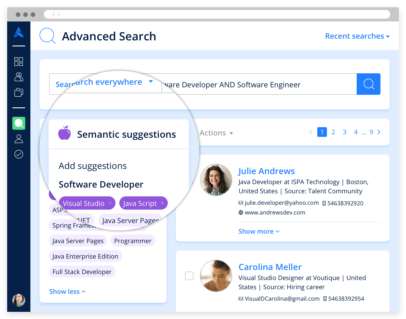 The advanced search page, highlighting semantic suggestions for a new candidate search.