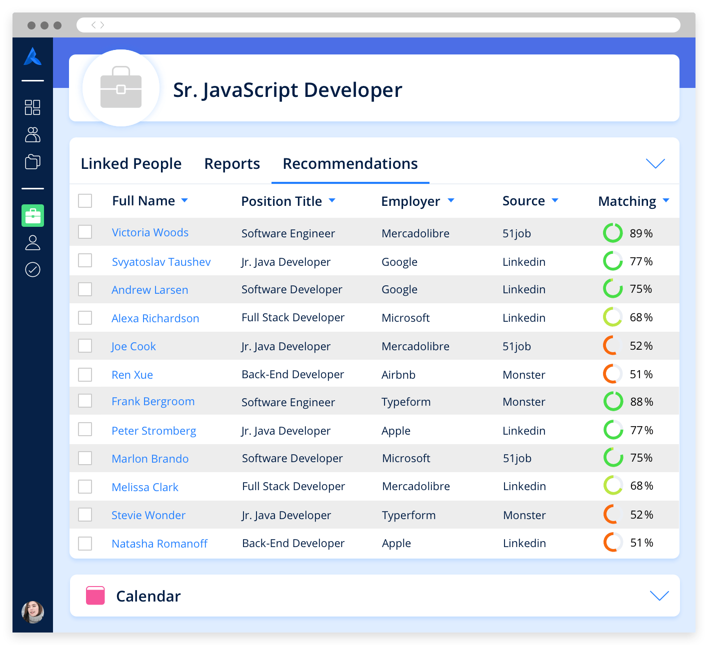 The Avature platform, with an automatic intelligence generated list of best matching candidates to fill a developer role.