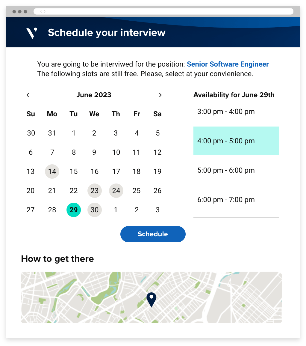 An interview scheduling portal showing a calendar and available timeslots for a candidate to provide their availability.