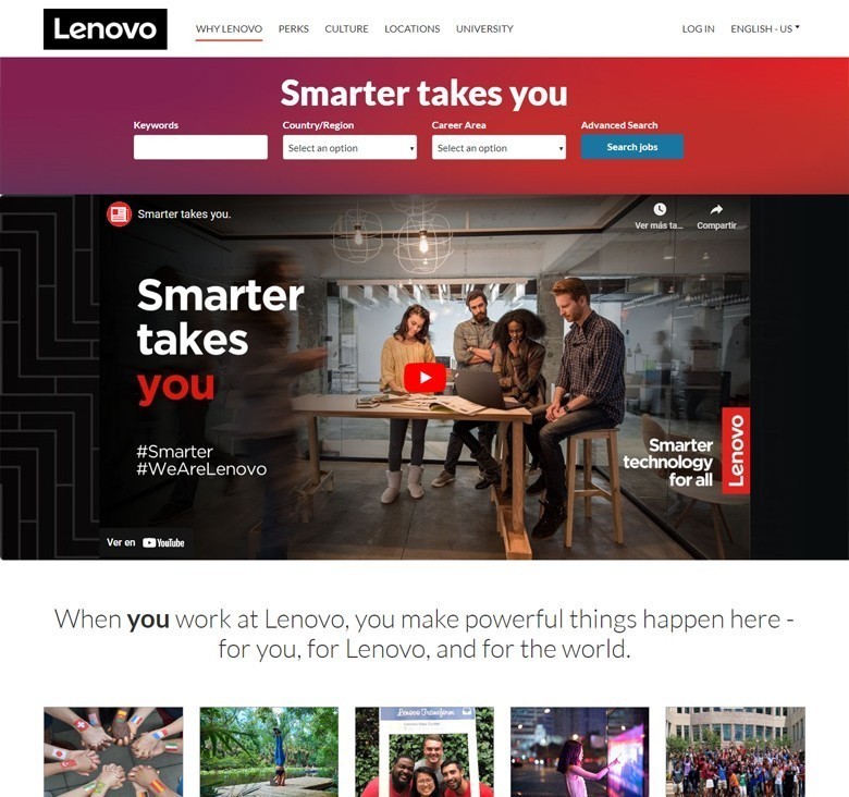 Das Karriereportal von Lenovo mit verschiedenen Bereichen und einer Suchleiste, Länder- und Bereichsfiltern und Suchschaltfläche.