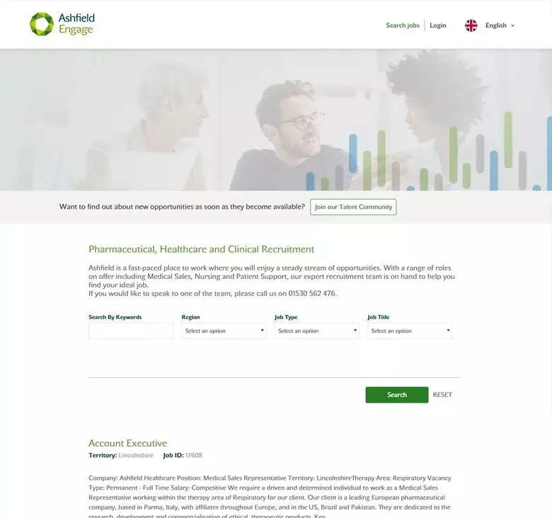 Das Unternehmens-Karriereportal von Ashfield Health mit Suchleiste, Filtern und Suchergebnissen.