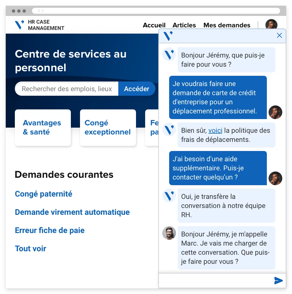 An Employee Service Center portal with common requests, a search bar and a chat window with a service representative.