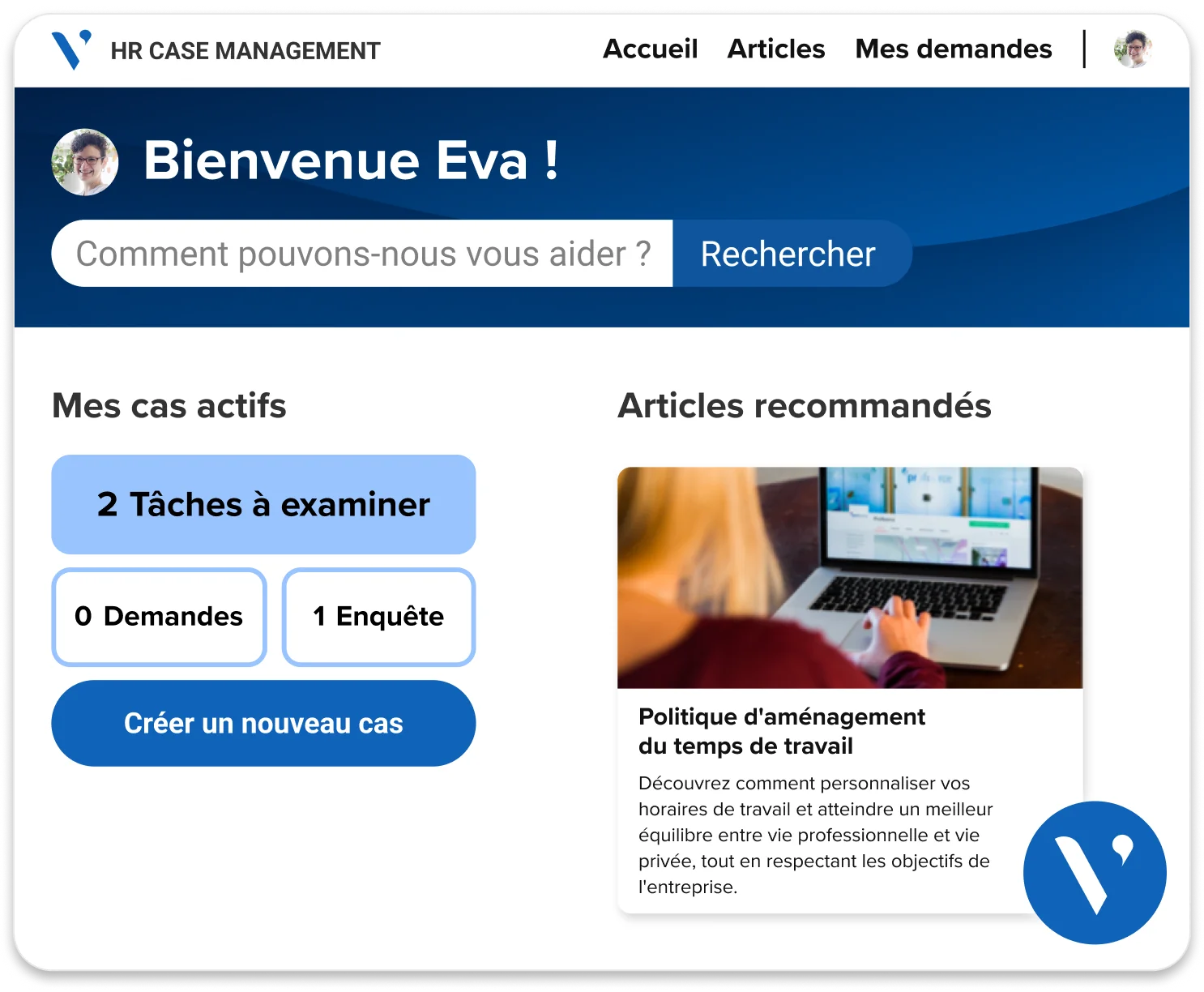 Image illustrant le tableau de bord principal d’Avature HR Case Management