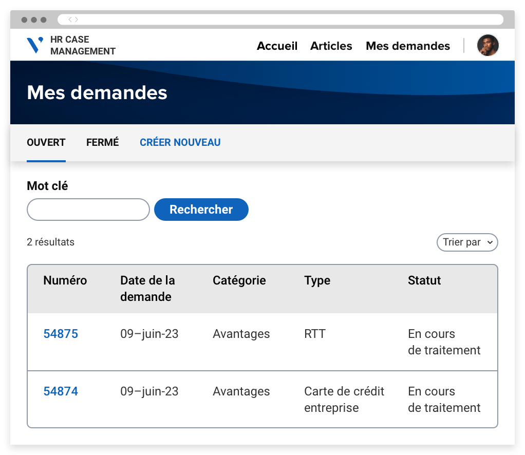 A portal showing a list of requests created by a user with details such as request number, creation date, request type and status.