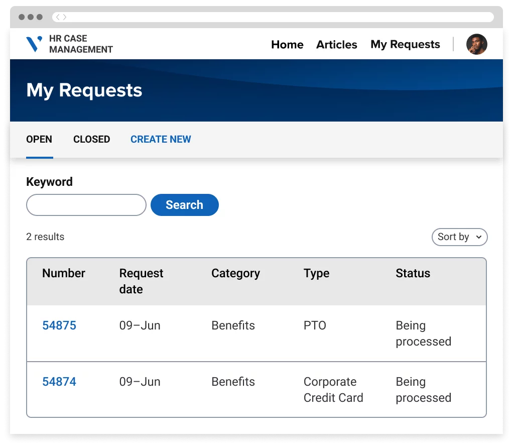 A portal showing a list of requests created by a user with details such as request number, creation date, request type and status.